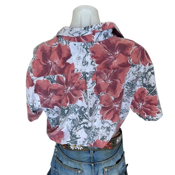 Hawaiian Shirt Tropical Button Down Crop Top One Size Oversized Hibiscus Unique - Picture 4 of 6